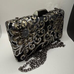 Neiman Marcus Black and Gold Sequin Clutch